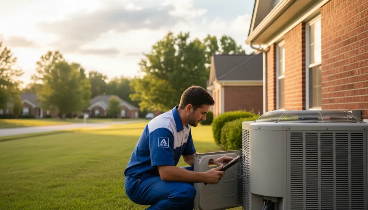 photorealistic scene of an HVAC technician in clean uniform inspecting an outdoor AC unit beside a brick home on a sunny Mississippi summer afternoon, subtle clean blues and whites with warm golden sunlight accents, neighborhood houses and green lawn in background