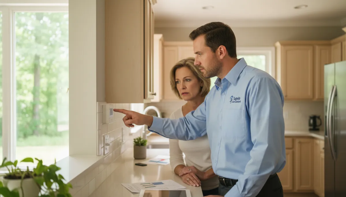 photorealistic neutral-toned scene of an HVAC technician in a Tupelo MS home standing in a kitchen with a homeowner, pointing at the thermostat while both look concerned; soft natural light, subtle view of outdoor summer greenery through window