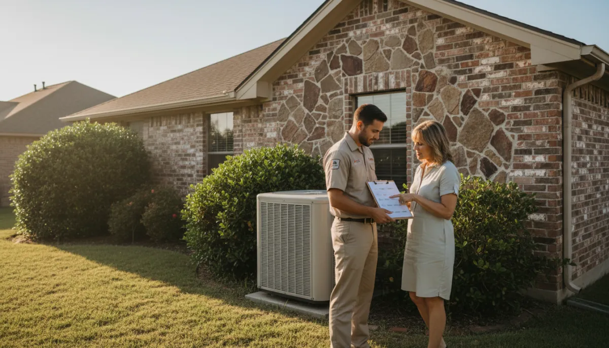 photorealistic scene of an HVAC technician in a neutral-color uniform standing beside an outdoor AC unit with a Tupelo-style brick home in the background, showing a homeowner a clipboard with repair and replacement options, soft afternoon light, neutral color palette