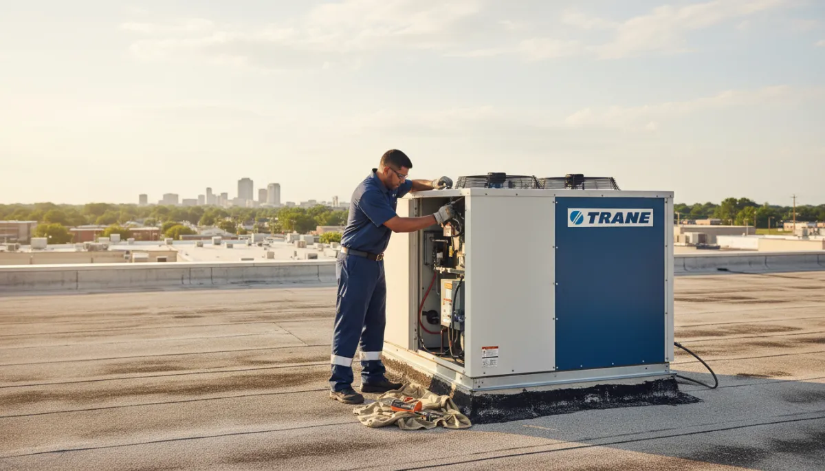 photorealistic HVAC technician in uniform servicing a large commercial rooftop package unit from a major USA brand on a flat retail building roof in summer, subtle North Mississippi city backdrop, neutral color palette