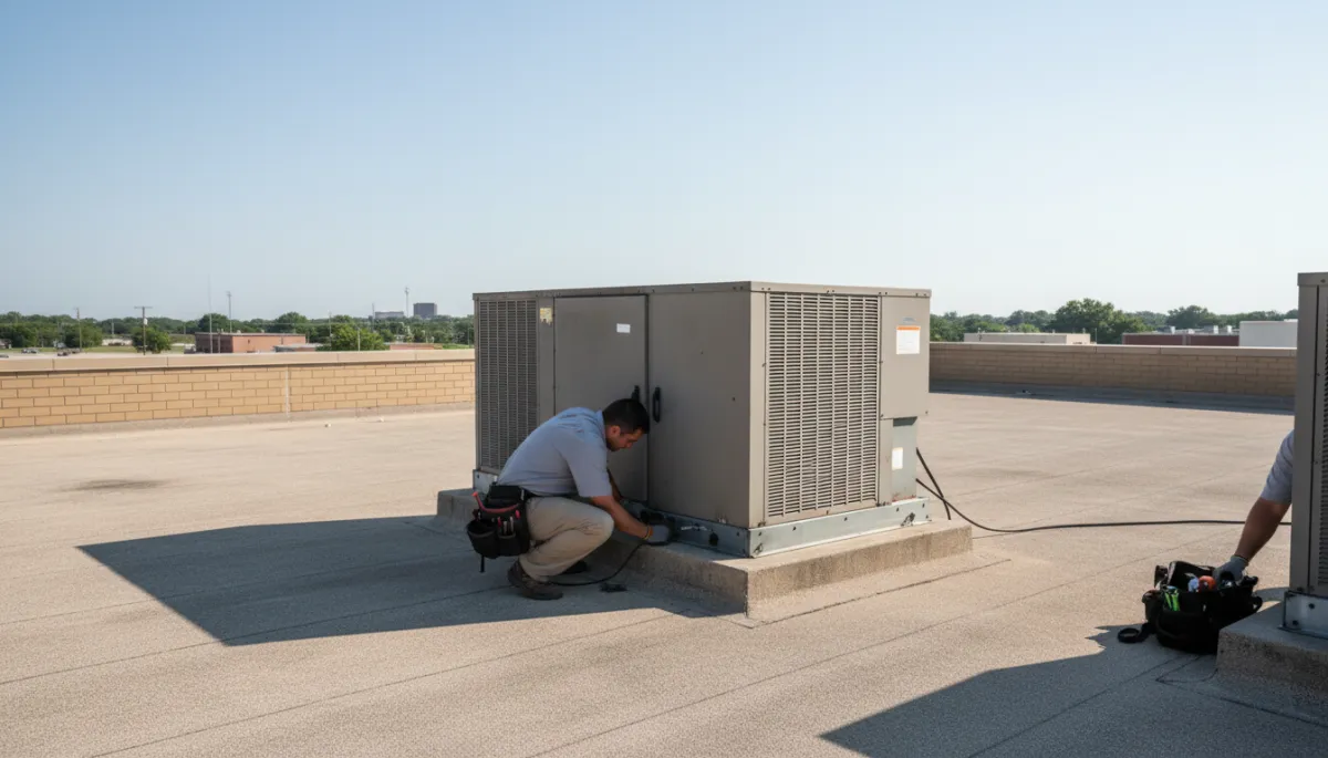 photorealistic wide shot of a professional HVAC technician working on a large USA commercial rooftop AC package unit on a low-rise North Mississippi commercial building in summer, neutral color palette, clear sky, city edge of Tupelo in background