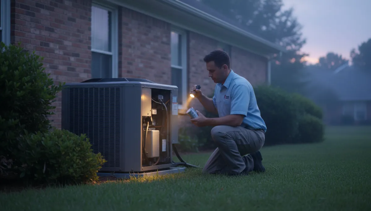 photorealistic HVAC technician in North Mississippi kneeling beside a USA residential outdoor AC condenser at dusk, holding a cylindrical HVAC capacitor and flashlight, brick home in background, humid summer evening, neutral color palette