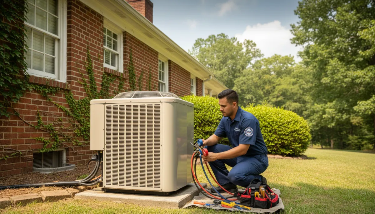 photorealistic wide shot of a professional HVAC technician in branded uniform servicing a residential outdoor central AC unit beside a brick home in North Mississippi, neutral color palette, summer daylight, subtle text overlay area on sky