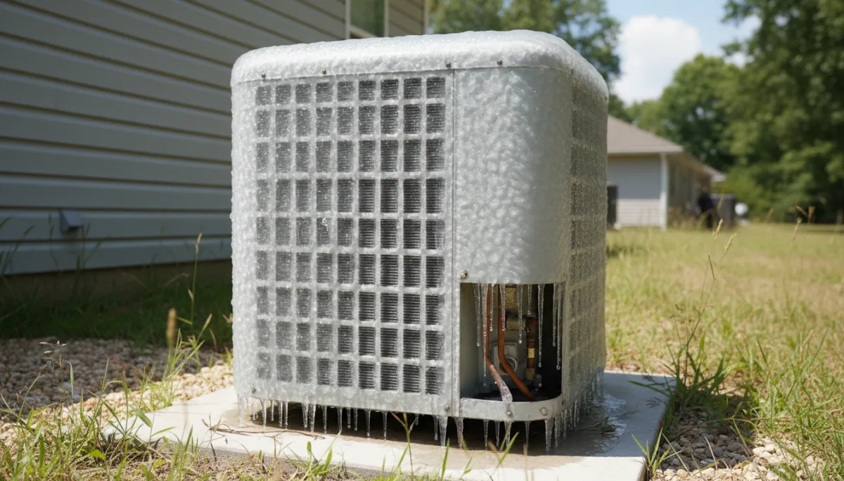 realistic close-up of a USA residential outdoor AC unit with refrigerant lines and coil encased in thick ice on a hot sunny summer day in a suburban Mississippi backyard, light neutral color palette