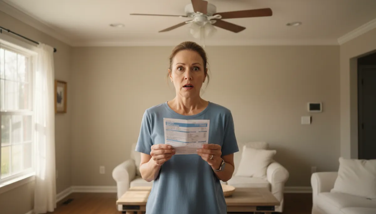 realistic scene of a North Mississippi homeowner standing in a neutral-toned living room, holding a high electric bill with a shocked expression, ceiling fan and thermostat visible in background, soft natural daylight