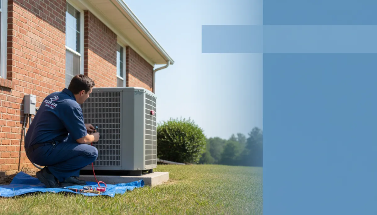 photorealistic scene of a professional USA HVAC technician in branded uniform servicing a residential outdoor AC condenser beside a brick home in North Mississippi, bright summer afternoon, neutral color palette, subtle text overlay area in sky