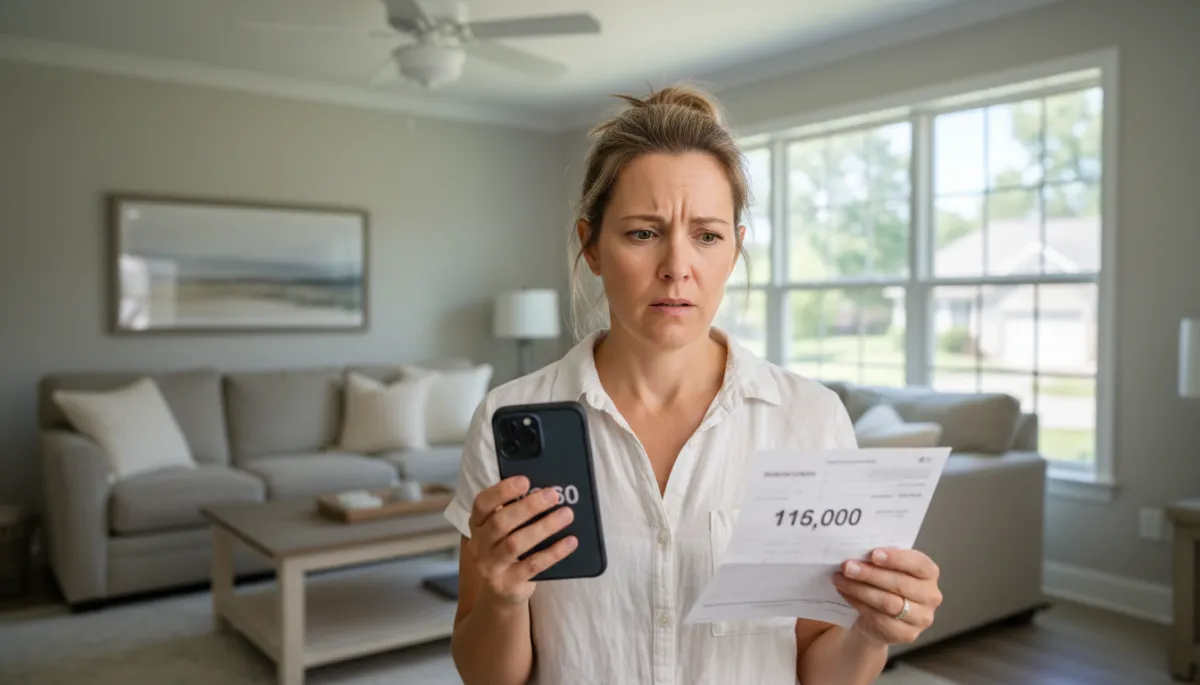 photorealistic frustrated North Mississippi homeowner in a neutral-toned living room looking at a very high summer electric bill on their phone and paper statement, ceiling fan turning slowly, bright sun outside window, USA suburban home