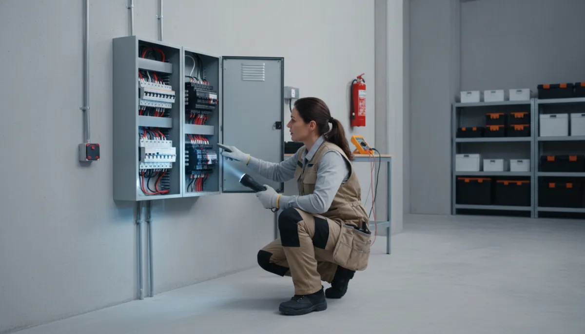 photorealistic licensed electrician in neutral-toned utility room inspecting an open North American two-column breaker panel with flashlight, calm professional atmosphere, subtle focus on safety and modern residential wiring