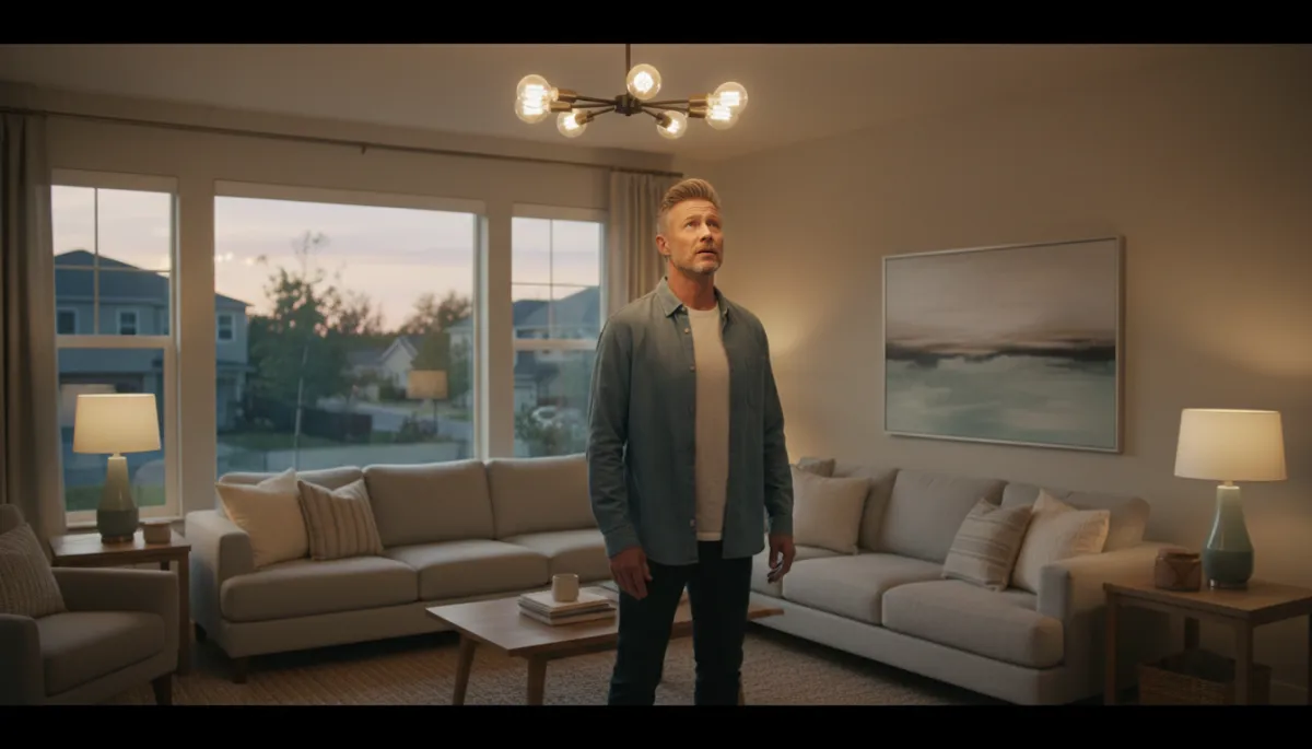 realistic USA suburban living room at dusk, homeowner standing under a ceiling light looking up at a visibly flickering bulb with a concerned expression, soft neutral color palette, modern but cozy interior