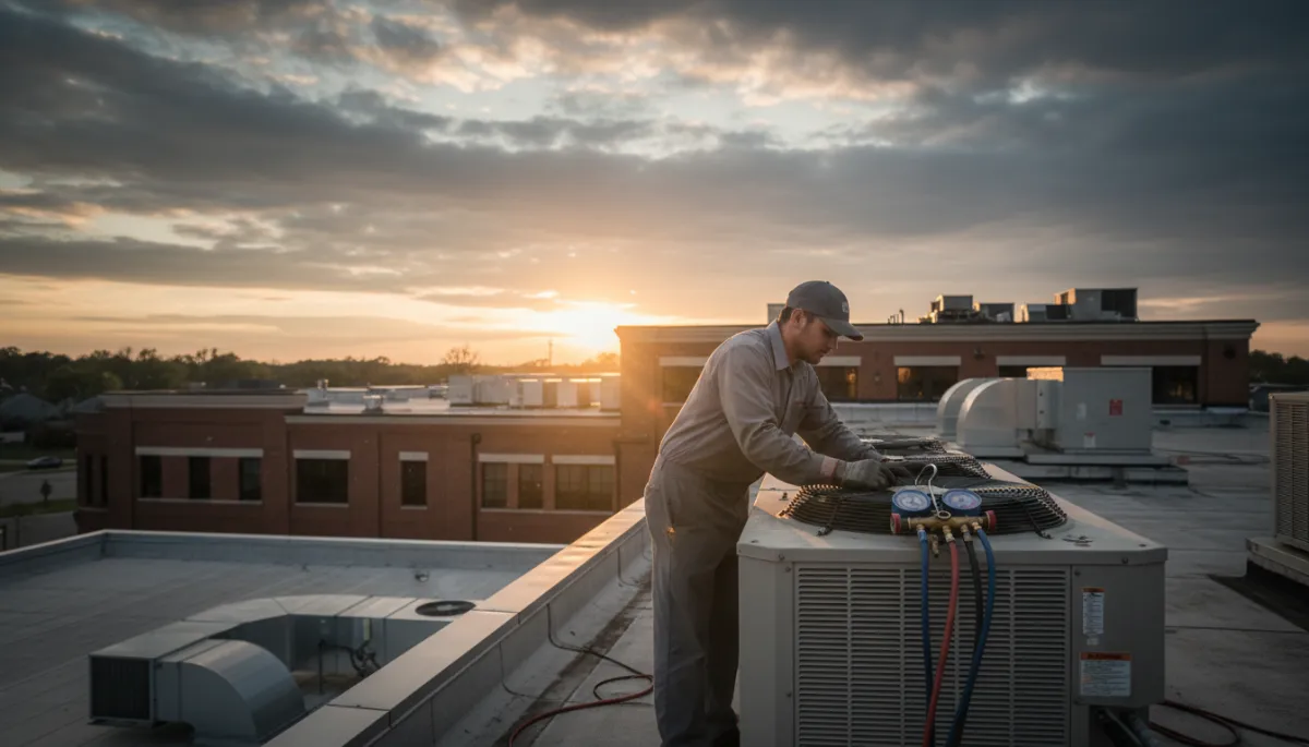 photorealistic scene of a commercial refrigeration technician urgently checking a rooftop walk-in cooler condensing unit at dusk, manifold gauges connected, restaurant building visible below, neutral color palette, North Mississippi setting