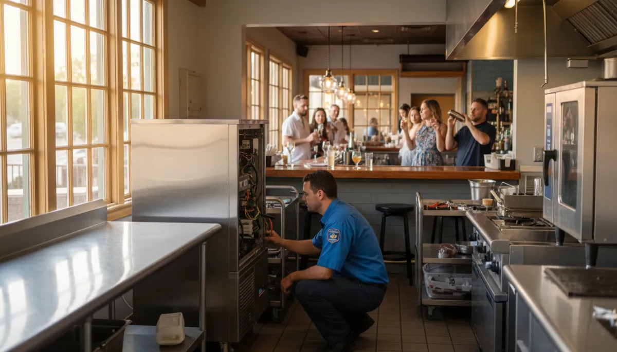 photorealistic wide shot of a commercial kitchen in a North Mississippi restaurant, technician in uniform working on a stainless steel Manitowoc ice machine, bar area visible with patrons waiting for drinks, warm summer light coming through windows, neutral color palette