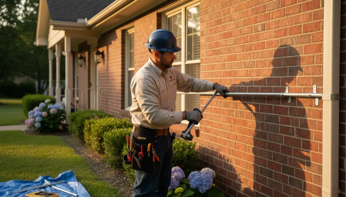 photorealistic neutral-color scene of a licensed electrician in branded work shirt and tool belt running metal conduit along the exterior brick wall of a Tupelo Mississippi-style single-story home, late afternoon sunlight, tidy yard, focus on safe professional workmanship