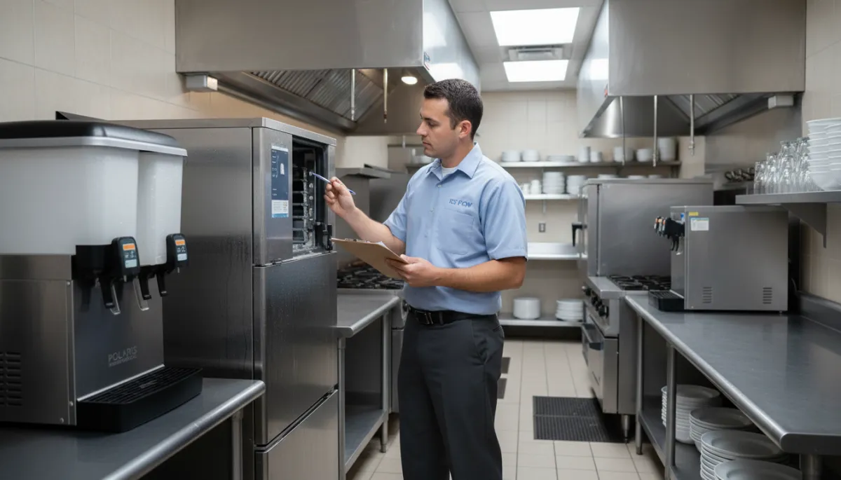 photorealistic neutral-toned commercial kitchen in a North Mississippi restaurant, technician in clean uniform inspecting a large stainless steel ice machine, condensation visible on metal surfaces, subtle branding clipboard in hand