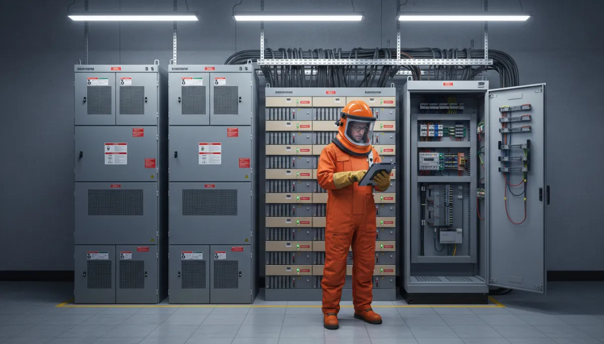 photorealistic wide shot of an industrial electrical room with 480V switchgear, MCC buckets, and a PLC cabinet, neutral color palette, fluorescent lighting, neat wire management, technician in arc-flash PPE reviewing drawings on a tablet