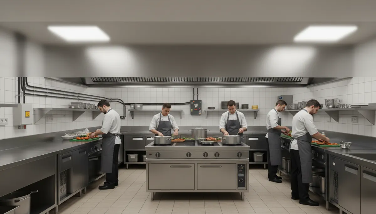 photorealistic wide shot of a commercial kitchen in neutral tones, stainless steel appliances, visible electrical panels and outlets, chef team working during prep time, subtle overlay space for headline text