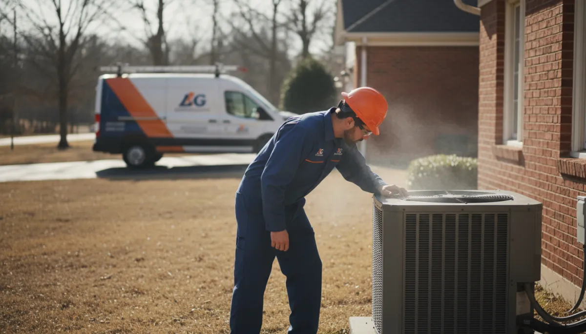 photorealistic HVAC technician in branded uniform inspecting an outdoor residential condenser unit beside a brick home on a blazing sunny afternoon in Tupelo Mississippi, heat shimmer in the air, neutral color palette, professional service van in background
