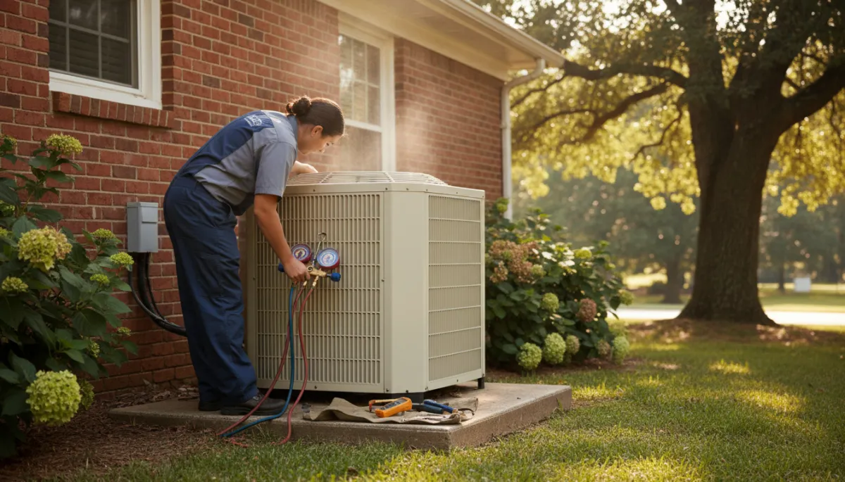 photorealistic scene of an HVAC technician in uniform performing a summer AC tune-up on a residential outdoor condenser unit beside a brick home in Tupelo Mississippi, bright afternoon sun, subtle heat shimmer, technician using gauges and tools, neutral color palette