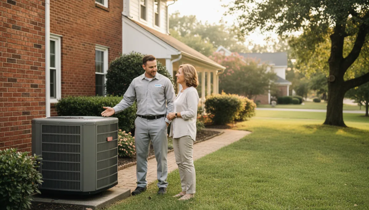 photorealistic neutral-color scene of an HVAC technician in a clean uniform talking with a homeowner outside a brick home in Tupelo Mississippi, both standing next to an older outdoor AC condenser unit, soft afternoon light, tidy yard, calm professional atmosphere