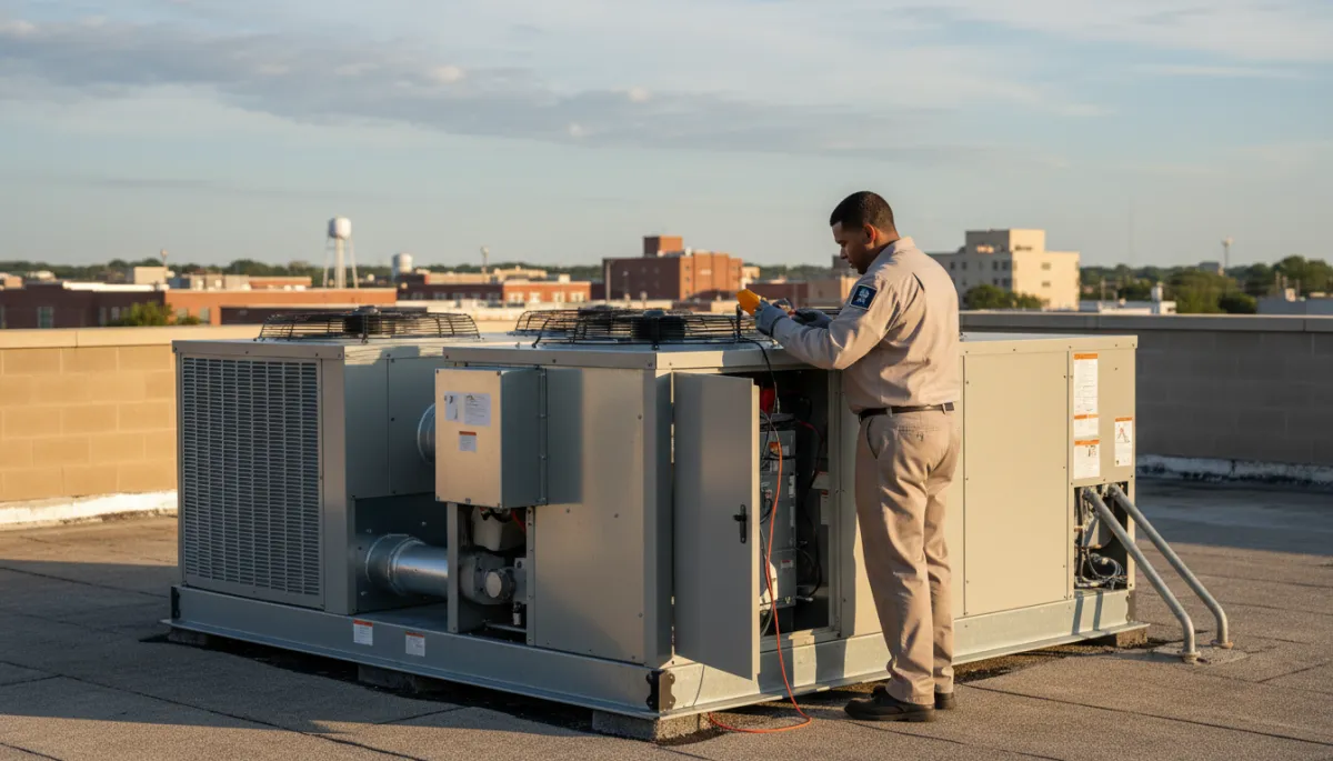 photorealistic wide shot of a professional male technician in clean work uniform inspecting a commercial rooftop HVAC unit on a low-rise building, neutral color palette, soft afternoon light, subtle view of North Mississippi small city skyline in background