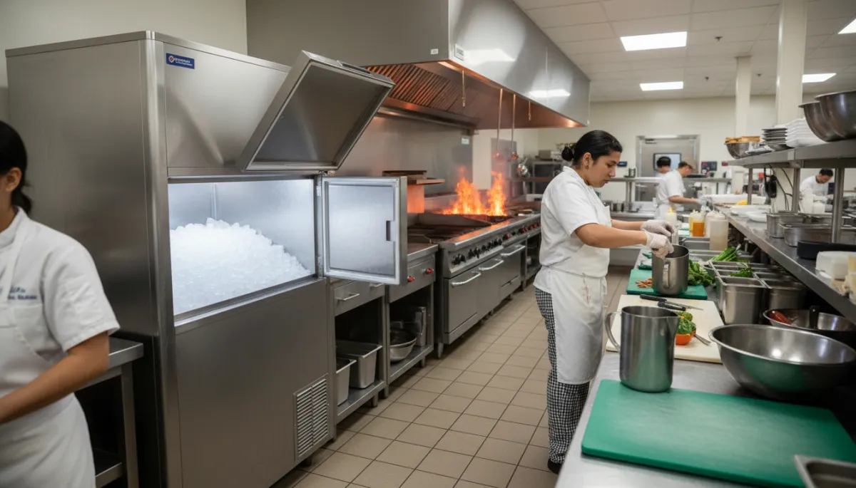 photorealistic commercial kitchen in a Tupelo-style restaurant, stainless steel commercial ice machine beside a busy prep area, staff grabbing ice from bin, visible heat from cookline in background, neutral color palette
