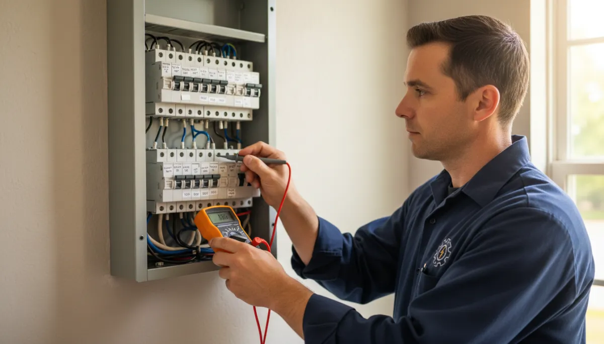photorealistic licensed electrician in branded work shirt inspecting a residential breaker panel inside a North Mississippi home, neutral color palette, clear summer light coming through nearby window, tidy panel with labeled breakers