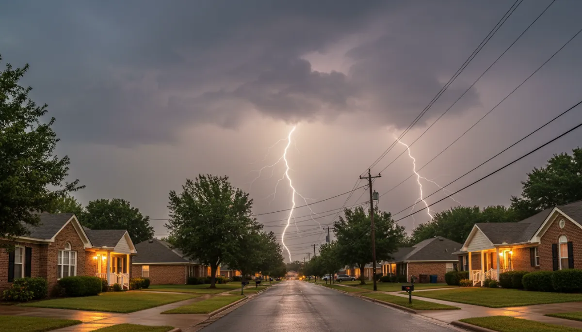 photorealistic evening thunderstorm over a North Mississippi neighborhood, warm neutral tones, single-story brick homes with porch lights on, dramatic lightning in the distance, soft glow from windows suggesting families inside, subtle focus on power lines running along the street