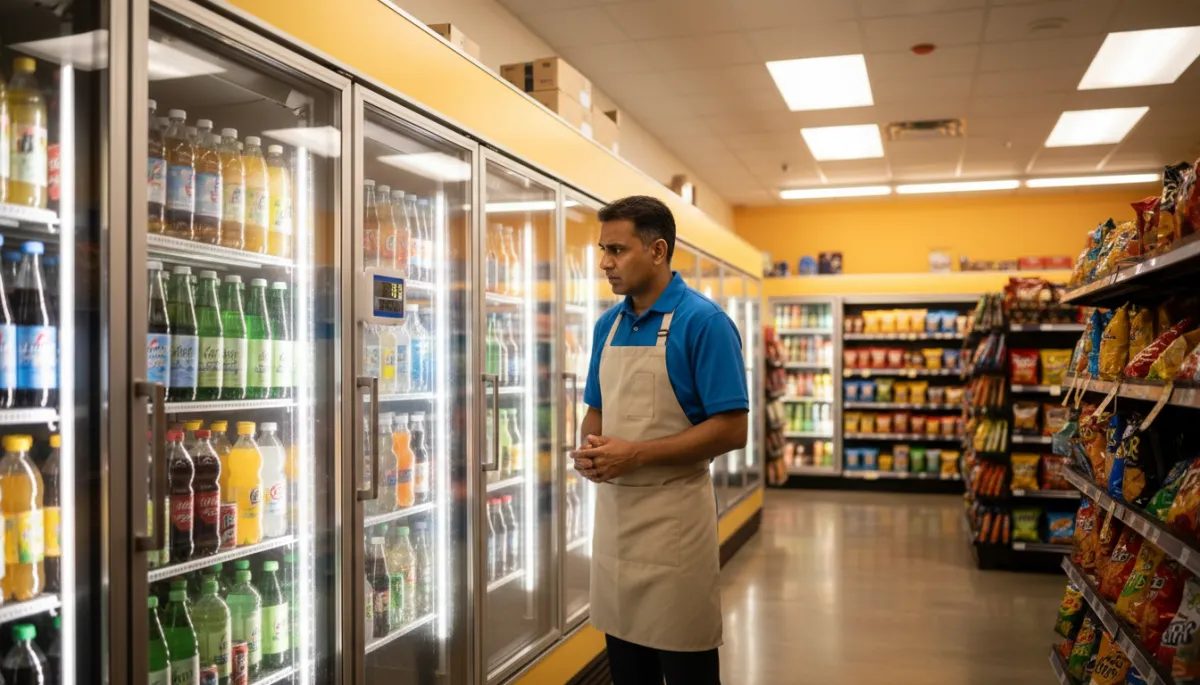 photorealistic wide shot of a brightly lit convenience store in warm commercial lighting, focusing on a glass-door beverage display cooler stocked with drinks, a worried store owner looking at the digital thermometer on the door