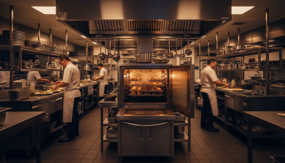 photorealistic wide shot of a busy commercial kitchen in warm lighting, stainless steel commercial convection oven door open with trays of evenly browning baked goods inside, line cook working nearby, subtle steam and heat glow