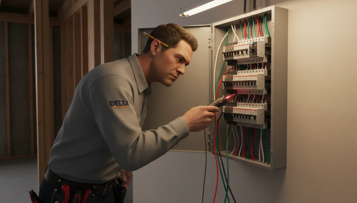 photorealistic licensed electrician in branded work shirt carefully inspecting an open residential breaker panel in a North Mississippi home, neutral color palette, realistic workshop lighting, focus on panel and electrician’s concentrated expression