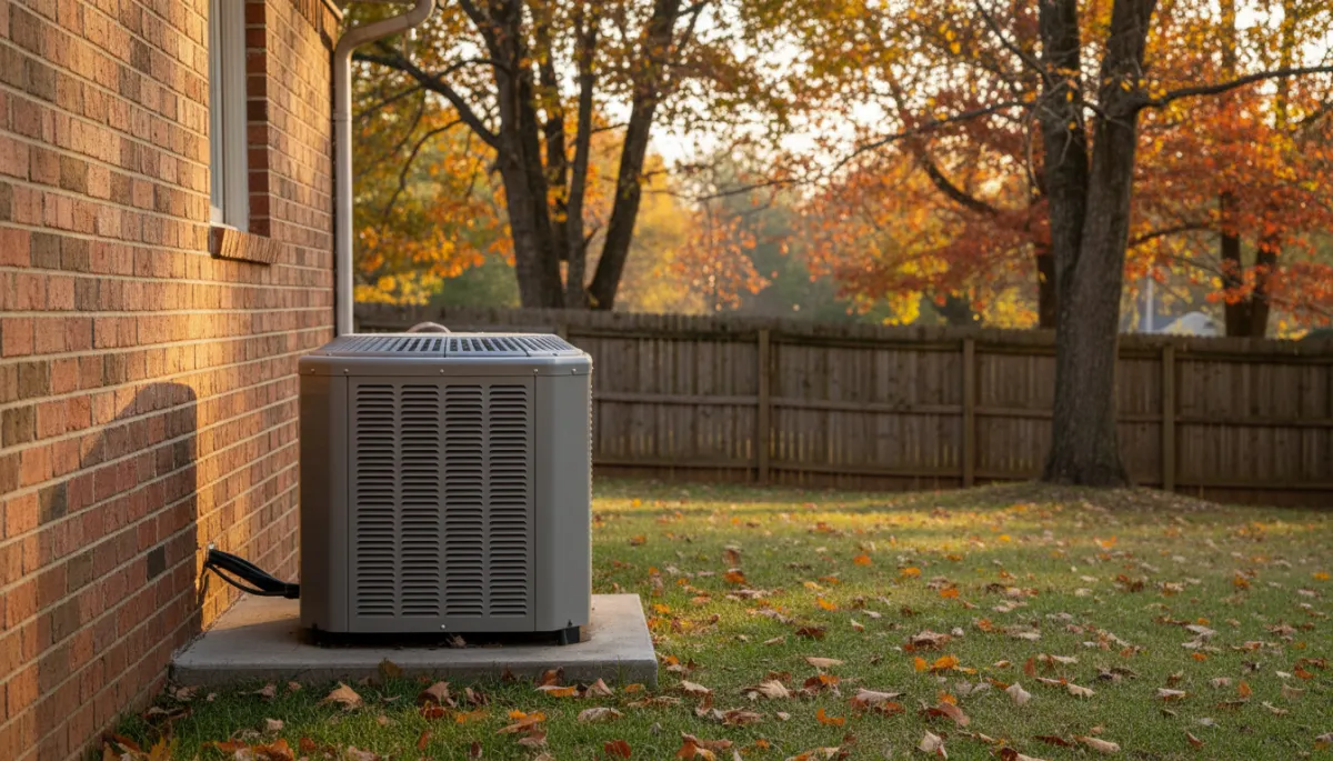 photorealistic outdoor heat pump unit beside a brick Mississippi home in early fall, scattered brown and orange leaves on the grass, soft golden afternoon light, slight frost or condensation on the top grille, wooden privacy fence and a few trees with changing leaves in the background