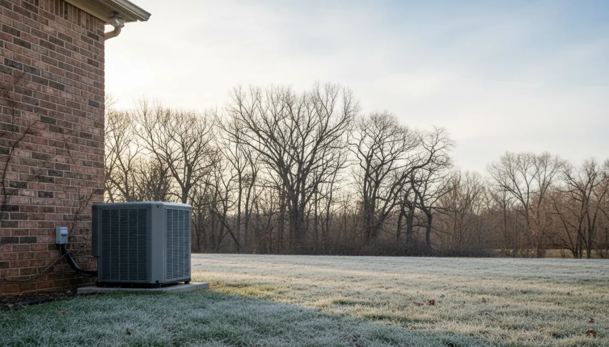 photorealistic outdoor heat pump unit beside a brick home in a mild Southern winter yard, light frost on grass, bare trees in background, soft neutral colors, subtle text overlay area in sky