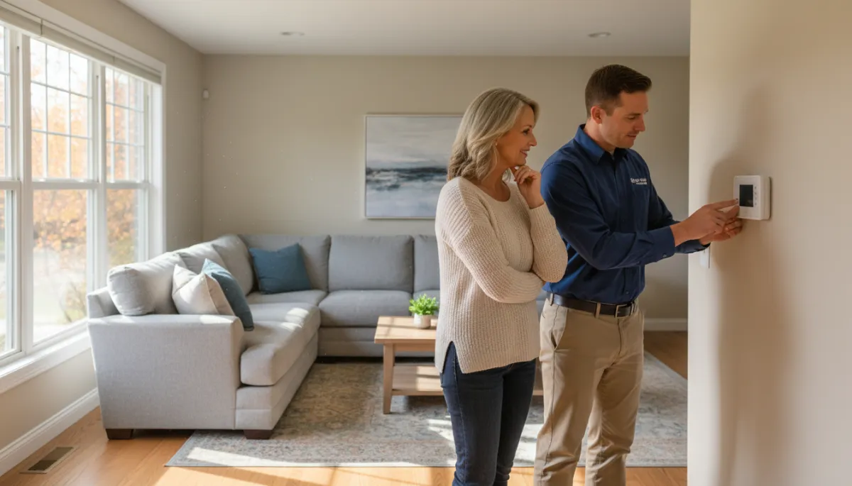 photorealistic wide shot of an HVAC technician in work uniform standing in a North Mississippi suburban living room beside a wall thermostat, showing the homeowner how to switch from cool to heat on a digital thermostat, soft fall light coming through the window, neutral colors