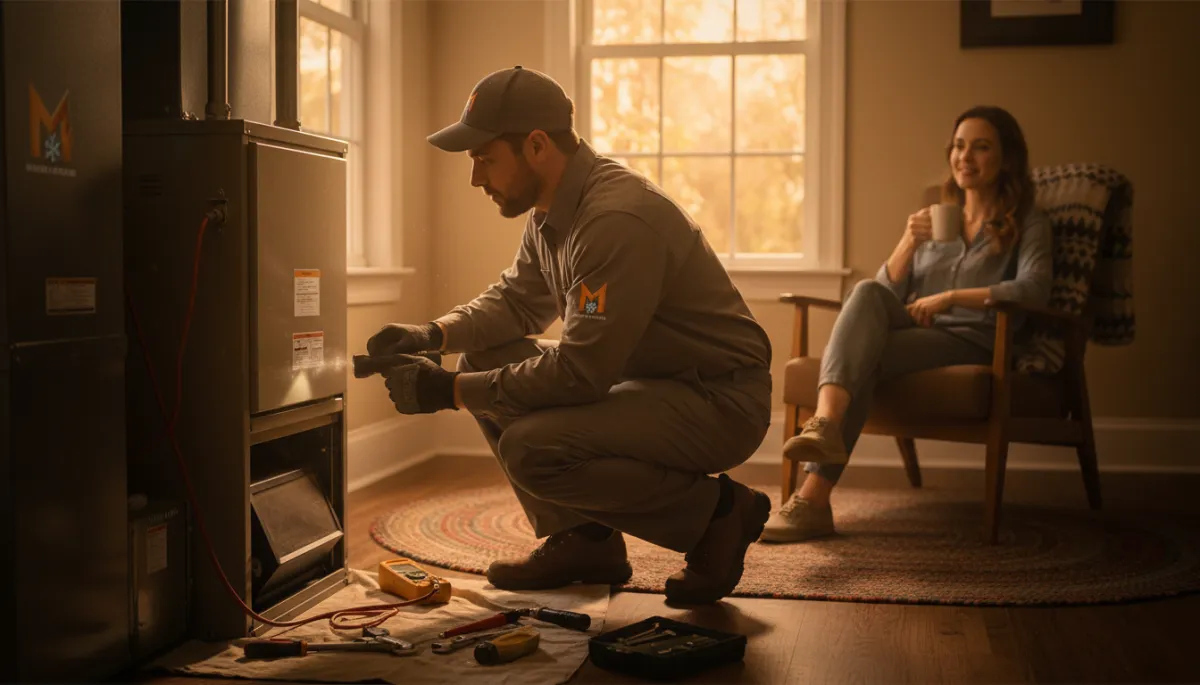 photorealistic HVAC technician in branded uniform inspecting a residential gas furnace in a cozy Mississippi home, warm fall evening light through window, tools nearby, calm homeowner in background