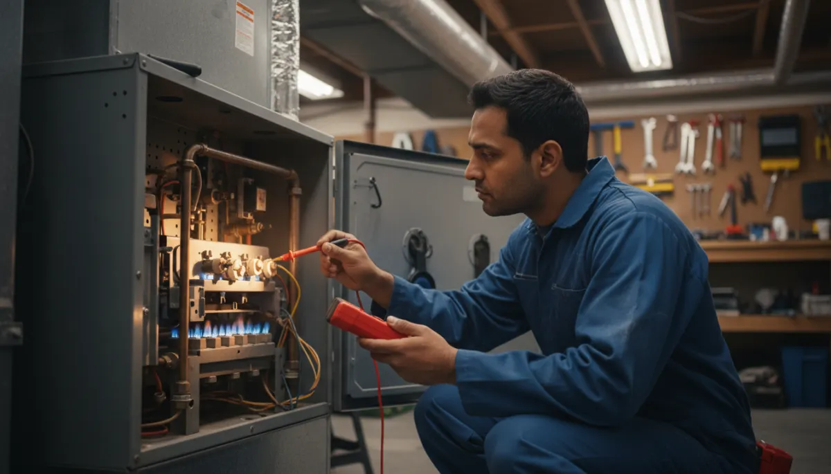 photorealistic close-up of an HVAC technician kneeling in front of an open gas furnace in a North Mississippi home, neutral colors, soft workshop lighting, technician using a multimeter and flashlight to inspect the burner and igniter area