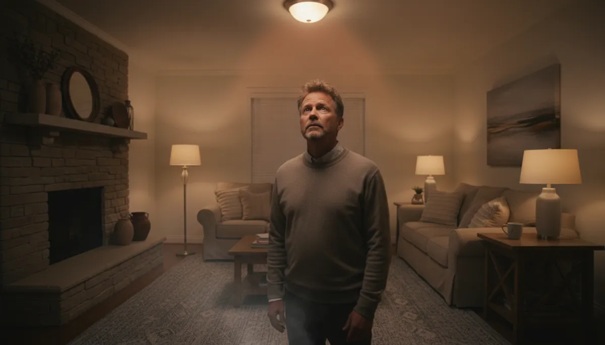 photorealistic evening living room in a North Mississippi home, ceiling light slightly dimming as a central heating system turns on, homeowner looking up at the light with a concerned expression, neutral color palette, soft warm lighting