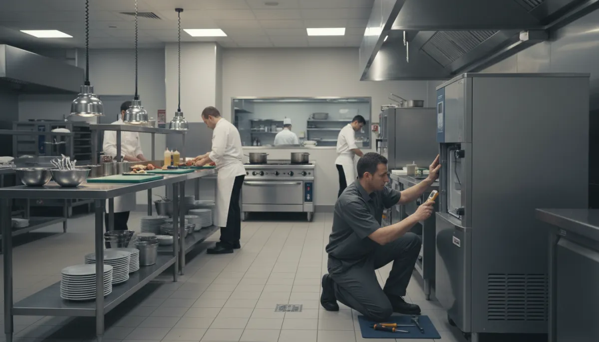 photorealistic wide shot of a busy commercial kitchen in neutral colors, stainless steel prep tables and a stainless commercial ice machine in the corner, technician in work shirt kneeling with tools and digital thermometer in hand, soft overhead lighting, subtle depth of field