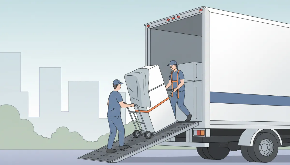 Removalists using equipment to move a heavy refrigerator safely