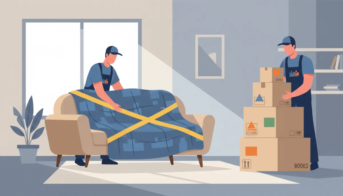 Professional urgent removalists packing furniture and boxes carefully during a last-minute move