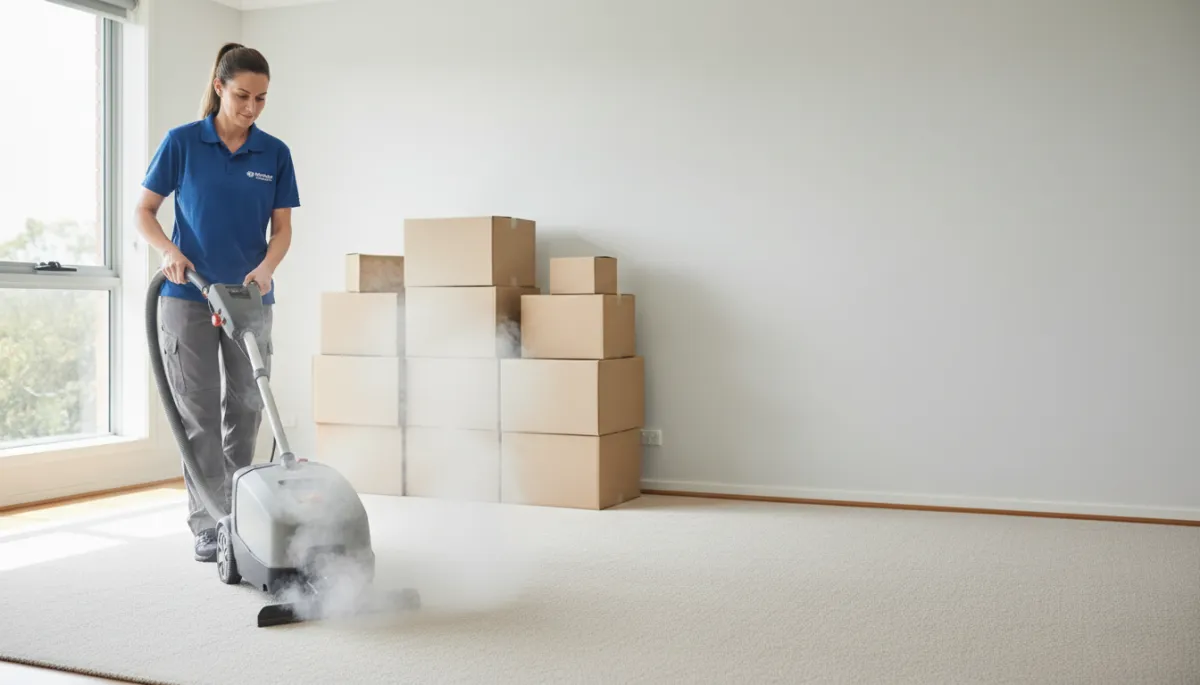 Cleaner steam-cleaning carpet in an empty Melbourne rental after removal