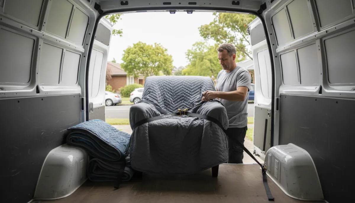 Mover securing a single furniture item in a small van
