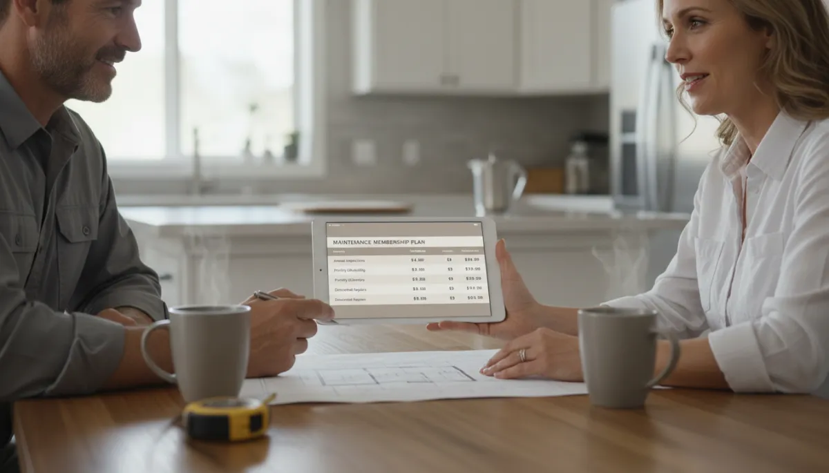 Contractor presenting a maintenance membership plan on a tablet to a homeowner