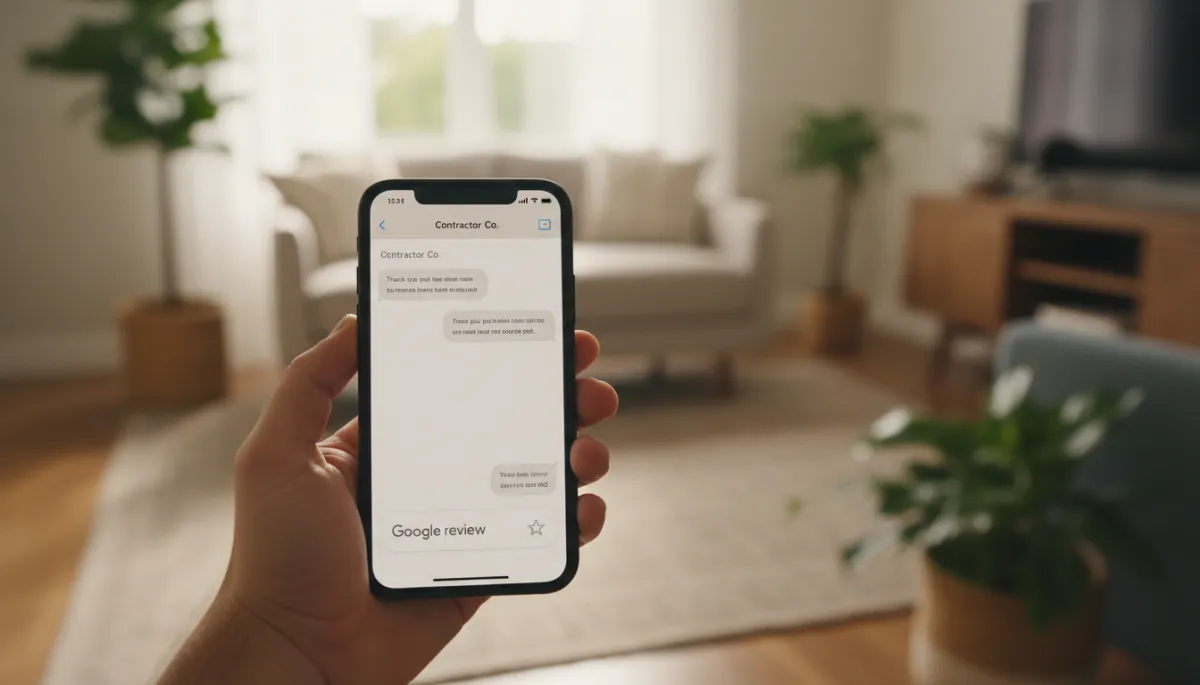Homeowner receiving an automated review request text from a contractor