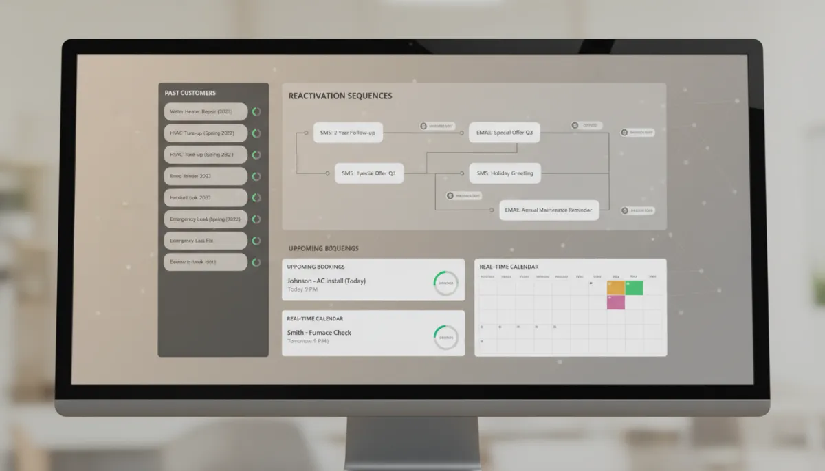 AI CRM dashboard showing segmented contractor customer lists and automated reactivation campaigns