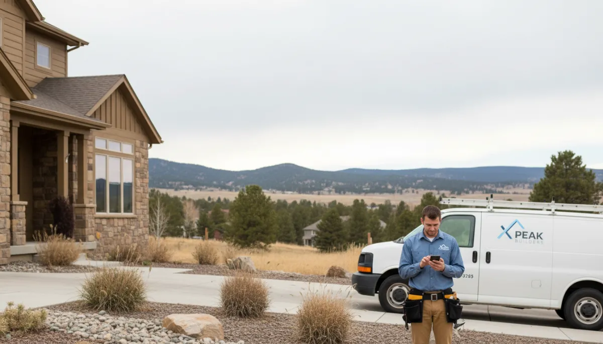 Photorealistic Fort Collins contractor checking AI-powered messages on smartphone outside a Colorado home