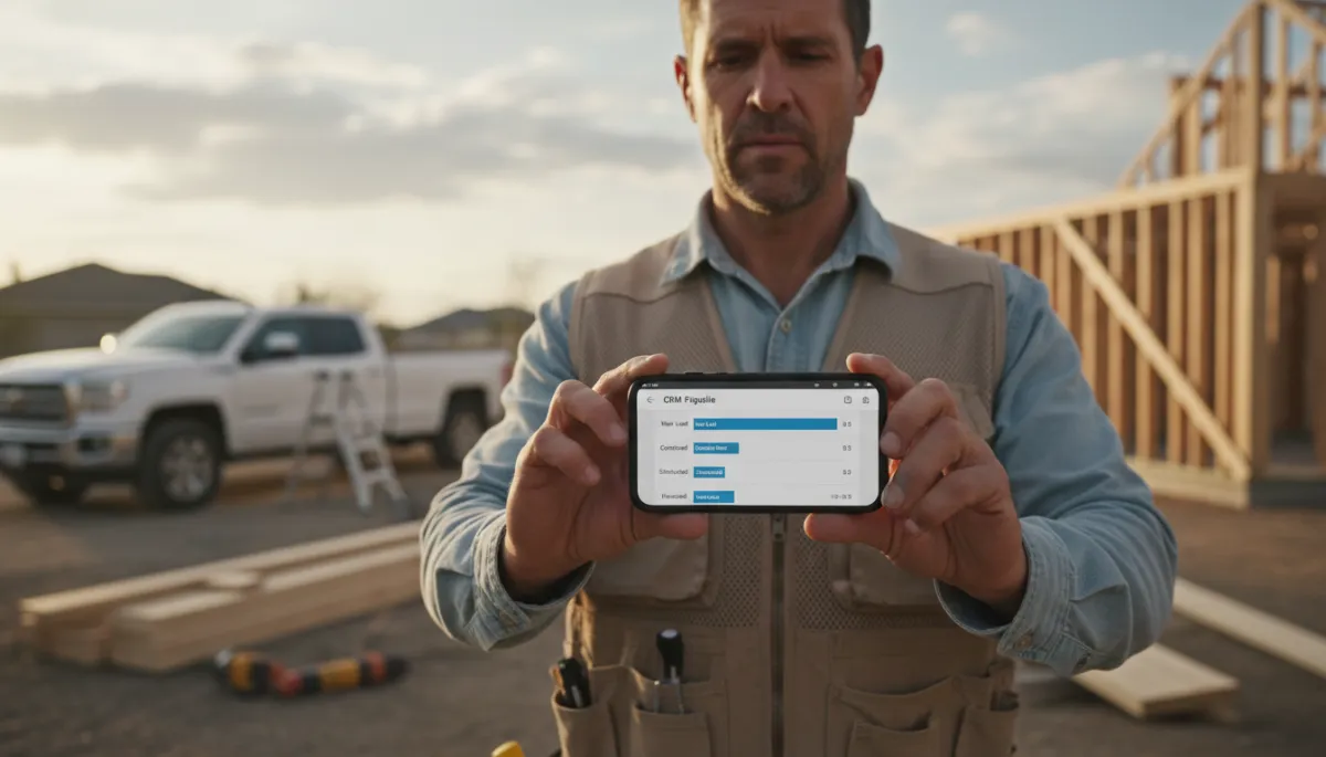 Contractor updating CRM job pipeline from a smartphone on a job site Contractor updating CRM job pipeline from a smartphone on a job site
