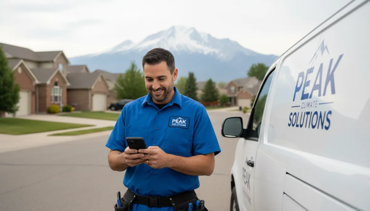 Photorealistic Colorado Springs HVAC contractor texting a customer beside a service van