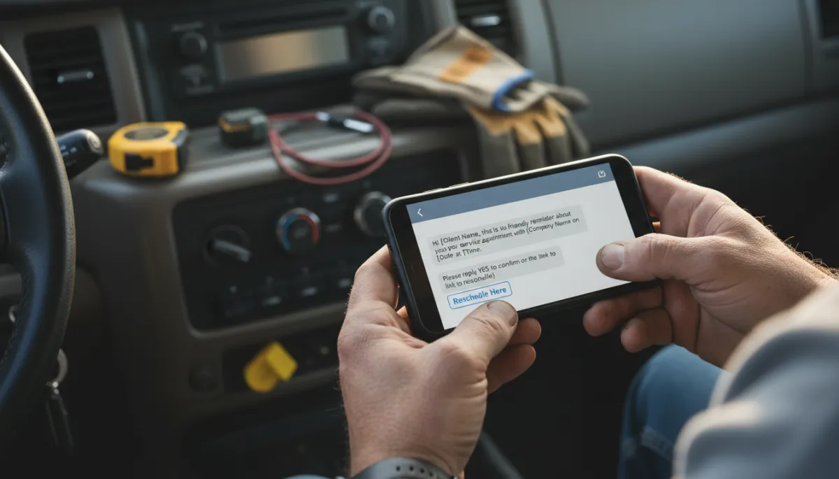 Contractor viewing automated appointment reminder texts with reschedule options on a smartphone Contractor viewing automated appointment reminder texts with reschedule options on a smartphone