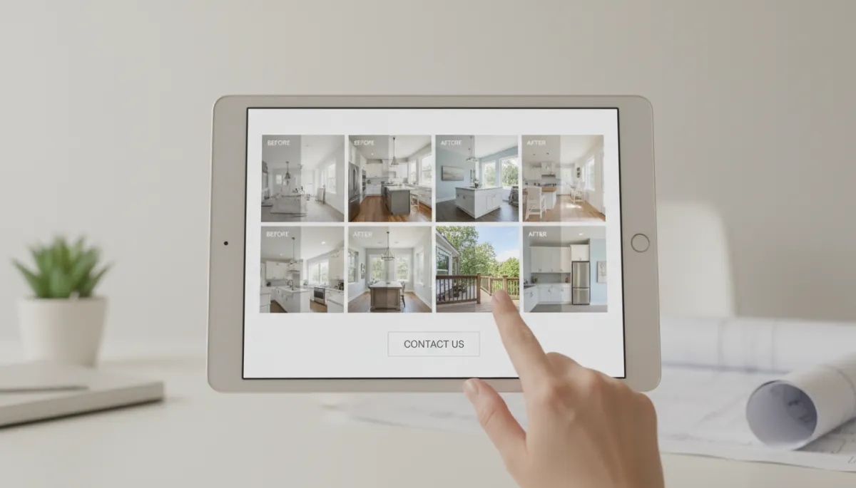 Homeowner browsing a contractor's before and after gallery on a tablet in a neutral photorealistic style Homeowner browsing a contractor's before and after gallery on a tablet in a neutral photorealistic style