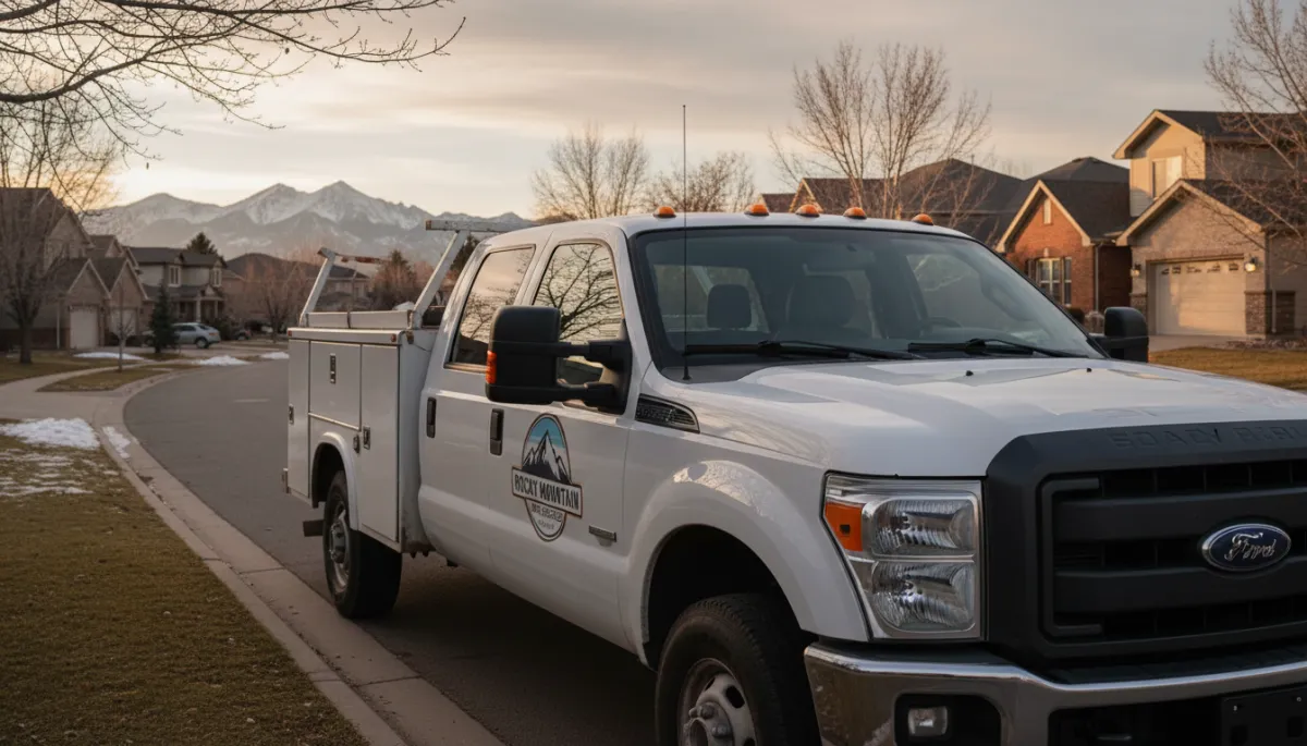 Photorealistic view of a contractor truck in a Loveland Colorado neighborhood with mountains in the distance