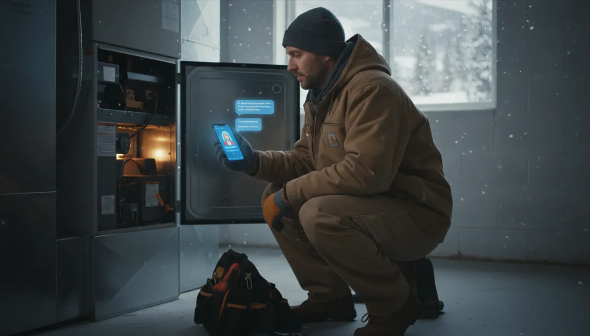 HVAC technician viewing AI receptionist conversation during emergency service call